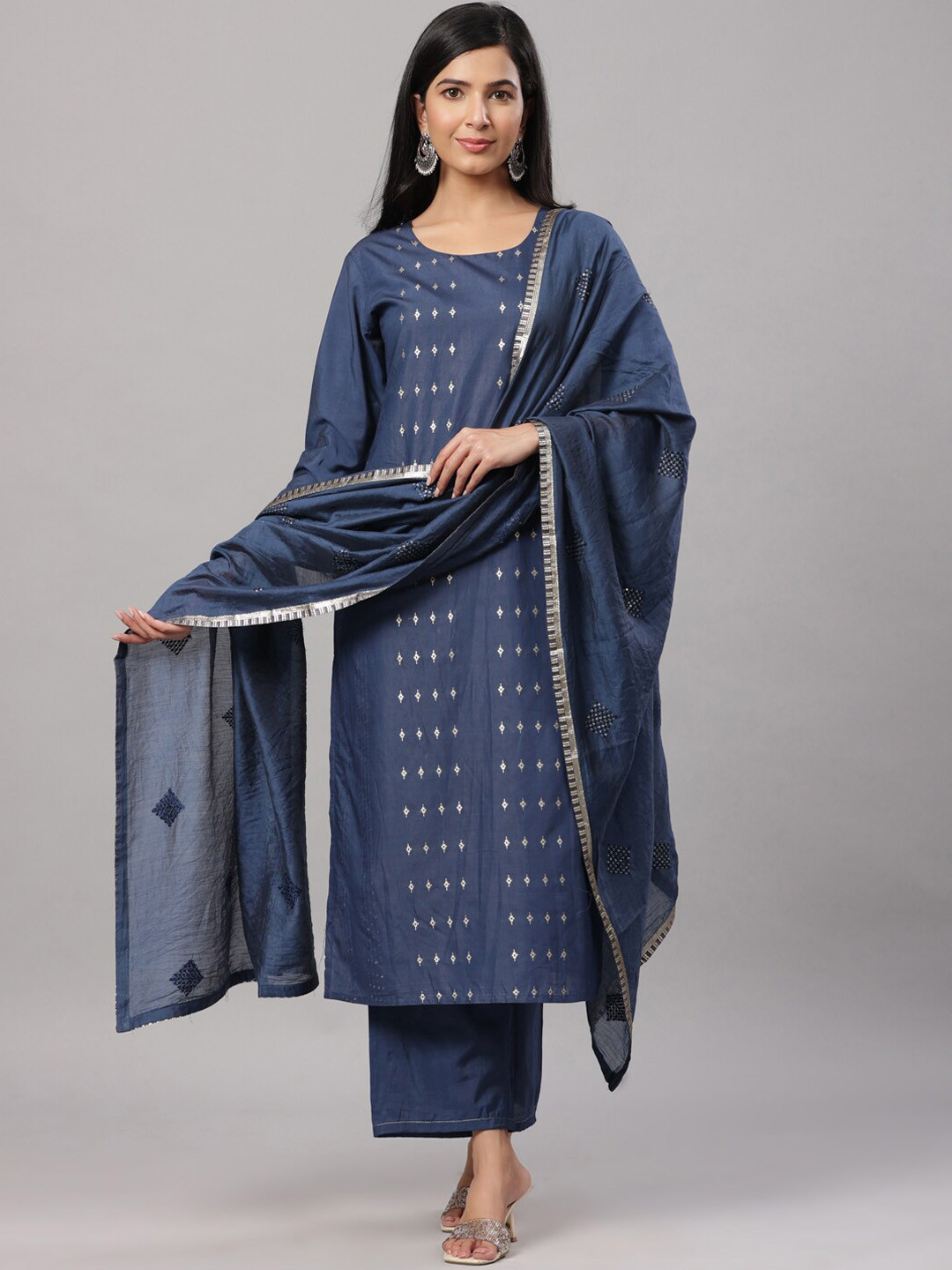Do Dhaage Women Navy Blue Sequinned Kurta with Trousers & With Dupatta