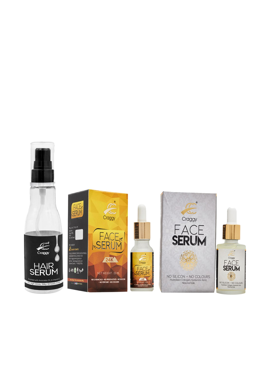 Craggy Cosmetic Pack Of 3 Hair Serum + 24K Gold Face Serum & Hyaluronic Face Serum