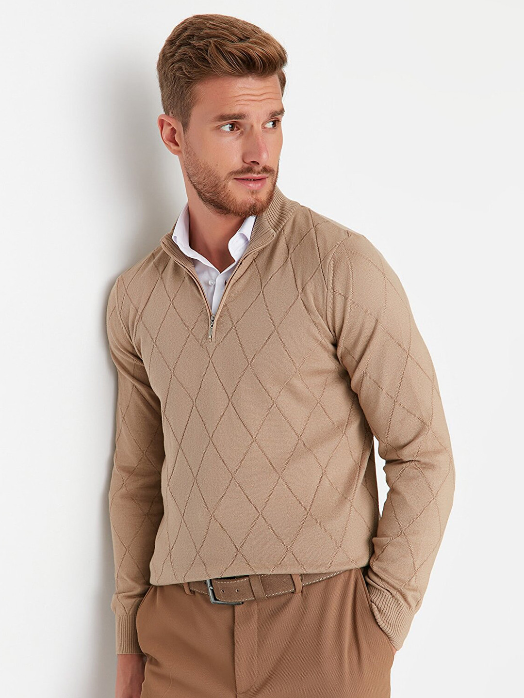 Trendyol Men Camel Brown Checked Acrylic Pullover Sweater