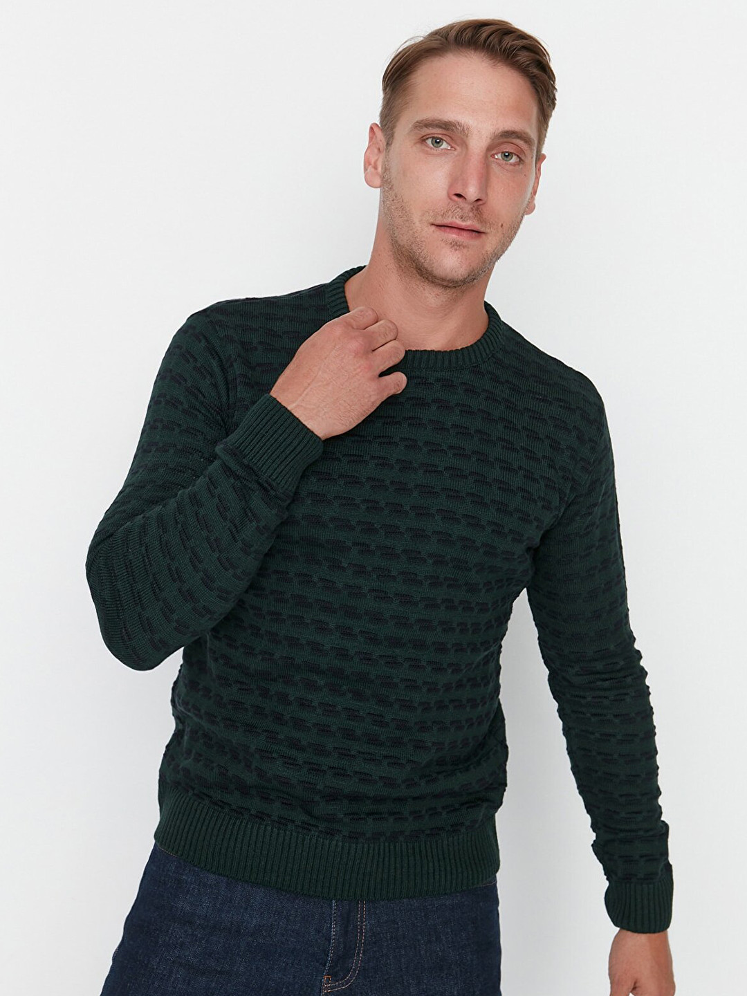 Trendyol Men Green Acrylic Self Design Open Knit Pullover
