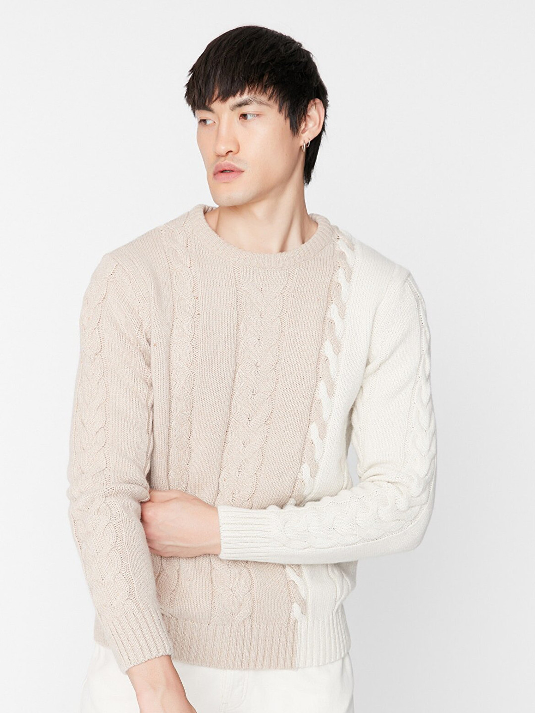 Trendyol Men Beige Cable Knit Pullover