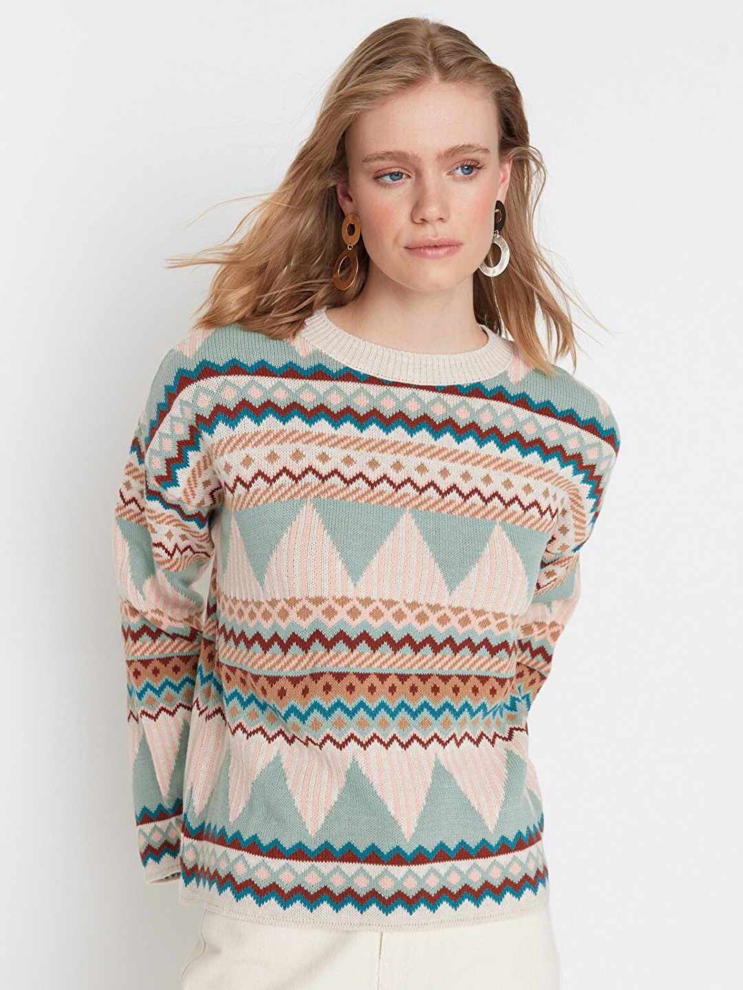 Trendyol Women Green & Cream-Coloured Acrylic Pullover