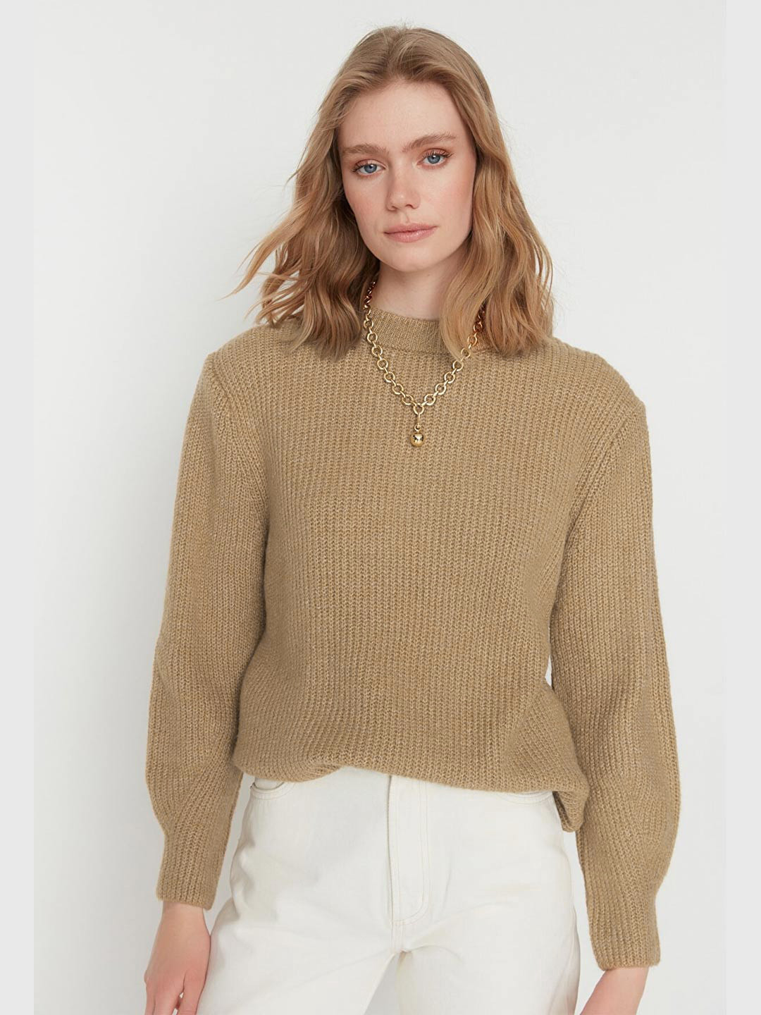 Trendyol Women Camel Brown Ribbed Pullover Sweater