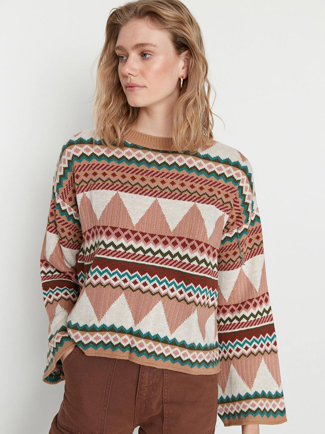 Trendyol Women Camel Brown & Beige Printed Acrylic Pullover