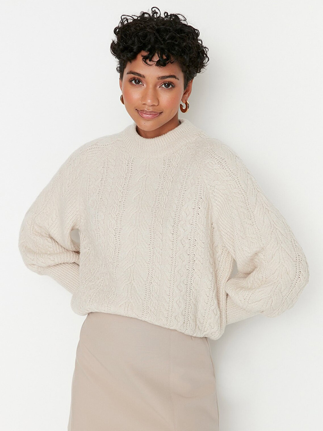 Trendyol Women Cream-Coloured Cable Knit Pullover