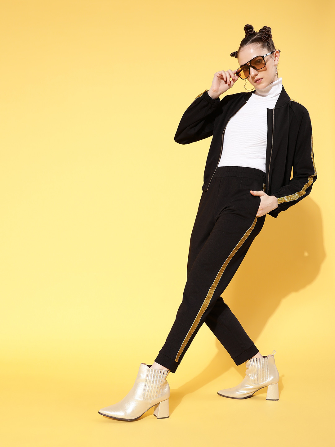 SASSAFRAS Women Black Tape Detail Bomber Jacket