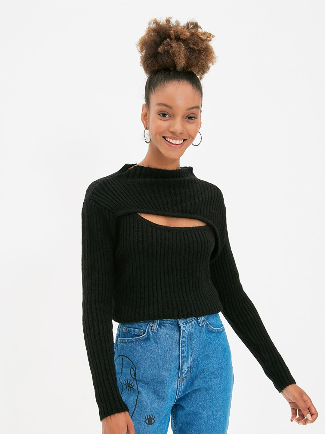 Trendyol Women Black Ribbed Pullover with Cut Out Detail