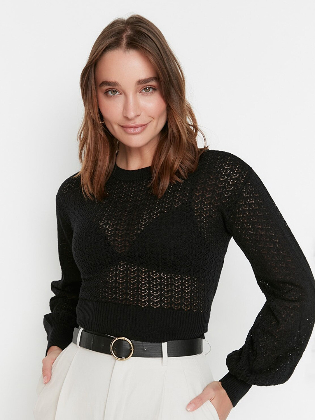 Trendyol Women Black Open Knit Styled Back Acrylic Crop Pullover