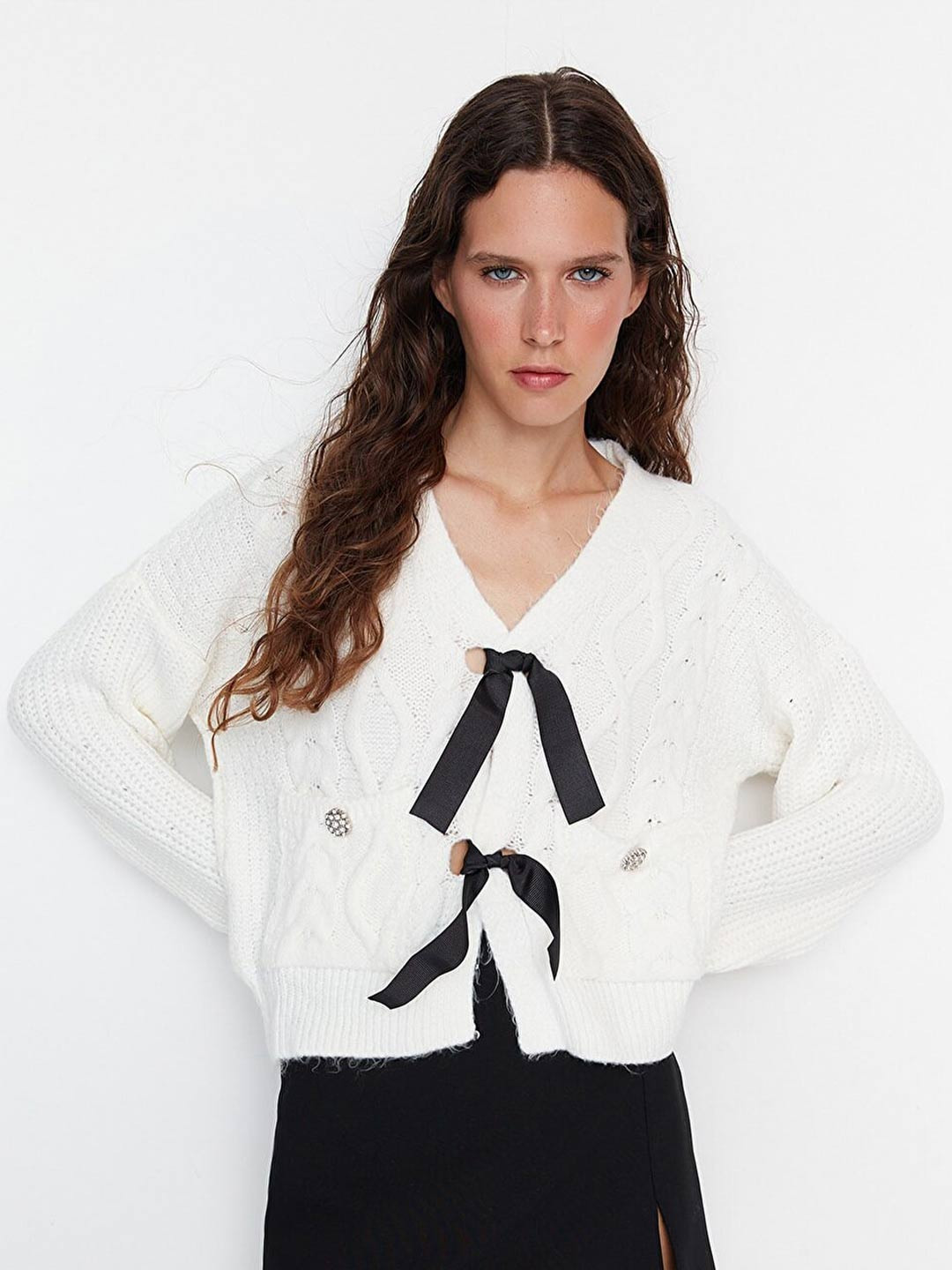 Trendyol Women Off White & Black Cable Knit Cardigan with Embellished Detail