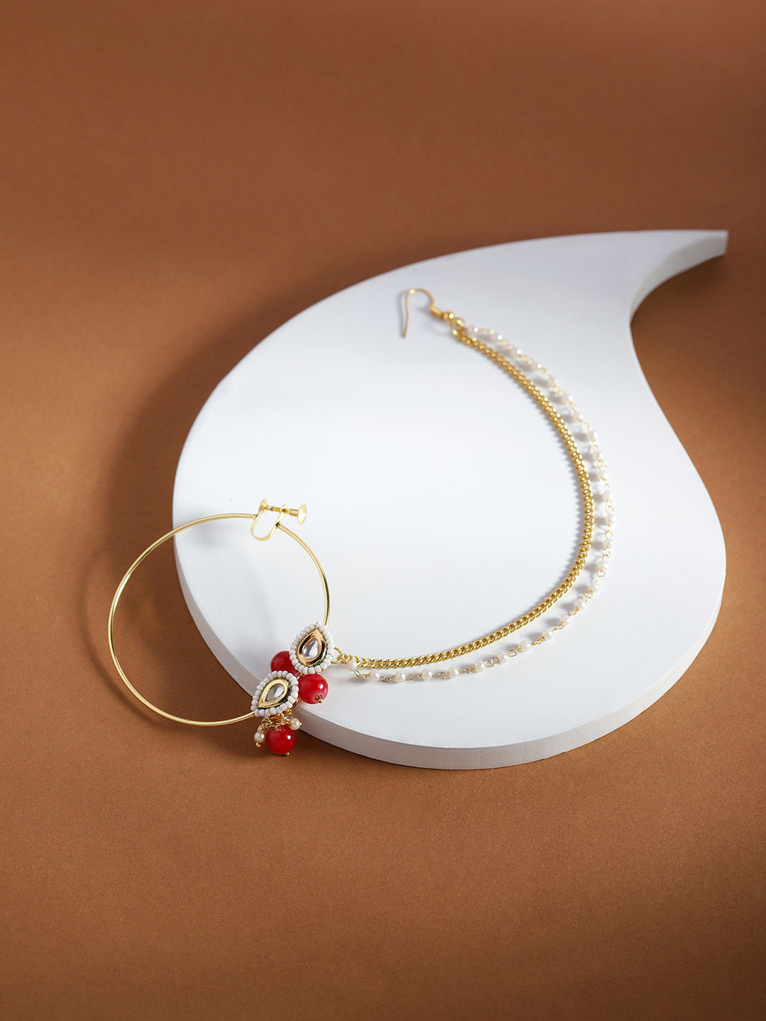 Ruby Raang Gold-Pleated Red & White Kundan Studded & Beaded Nosepin