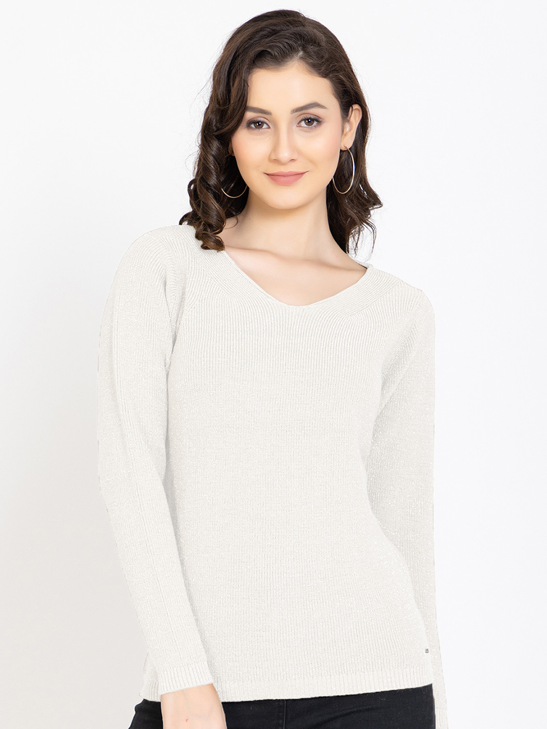 GODFREY Women White & Silver-Toned Ribbed Pullover