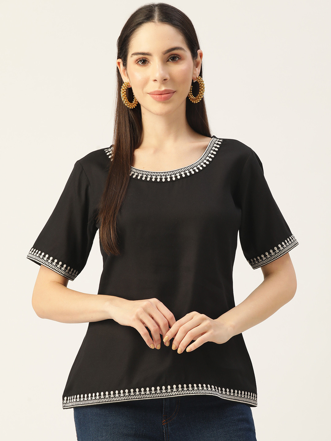 MissKurti Women Black & White Solid Tunic with Embroidered Detail