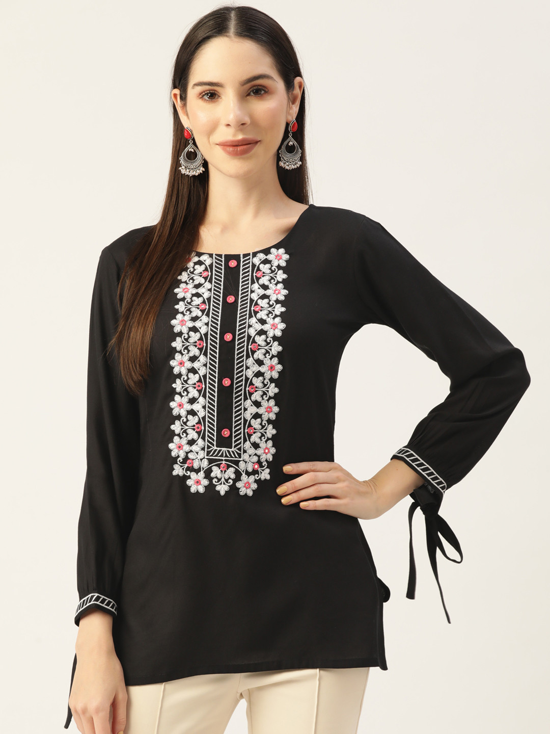 MissKurti Women Black & White Ethnic Motifs Embroidered Tunic