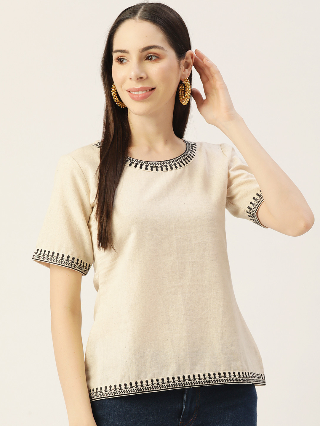 MissKurti Women Off White Solid Tunic with Embroidered Detail