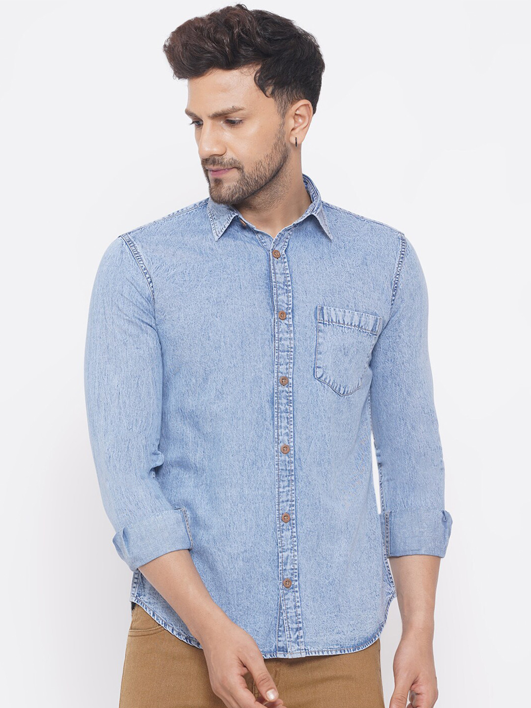 John Pride Men Blue Casual Denim Shirt
