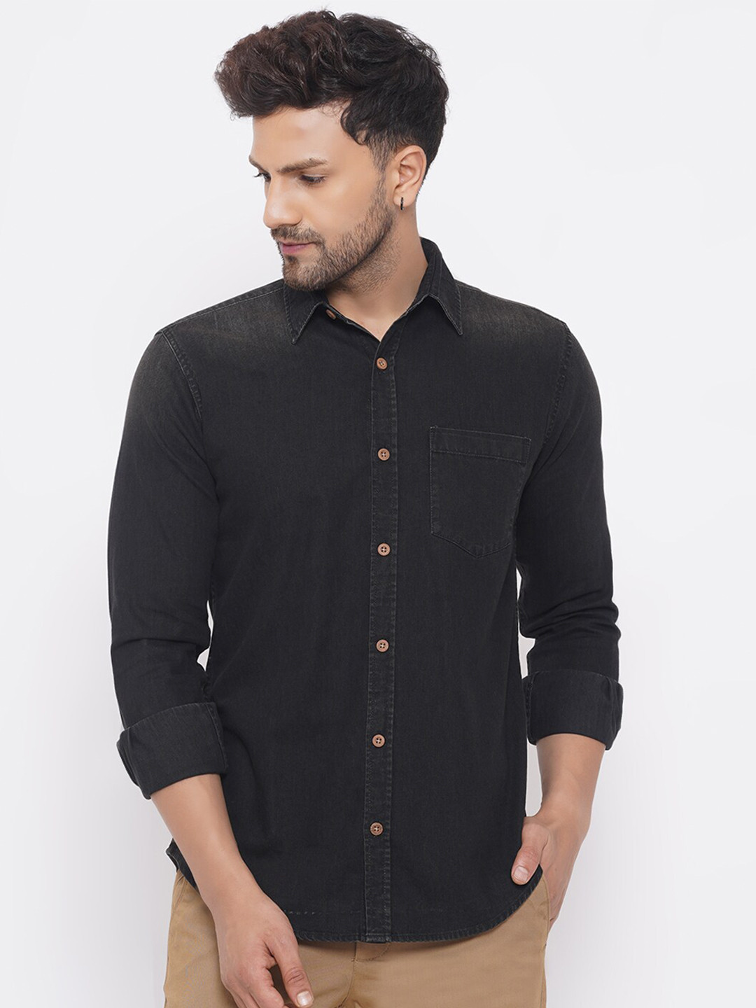 John Pride Men Black Casual Denim Shirt