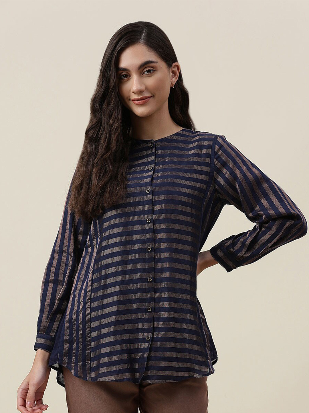 Fabindia Blue & Gold-Toned Cotton Striped Tunic