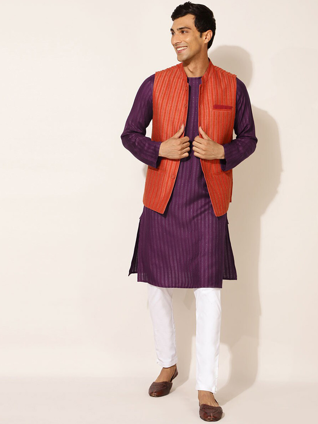 Fabindia Striped Angrakha Mandarin Collar Kurta