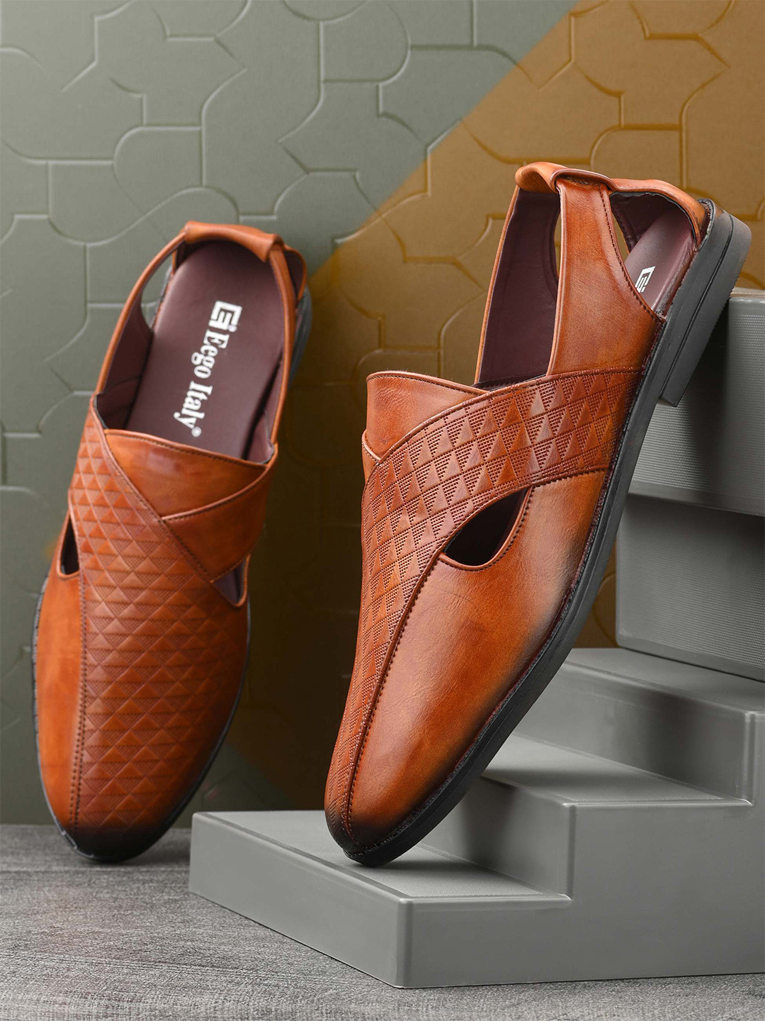 Eego Italy Men Tan & Black Shoe-Style Slip On Sandals