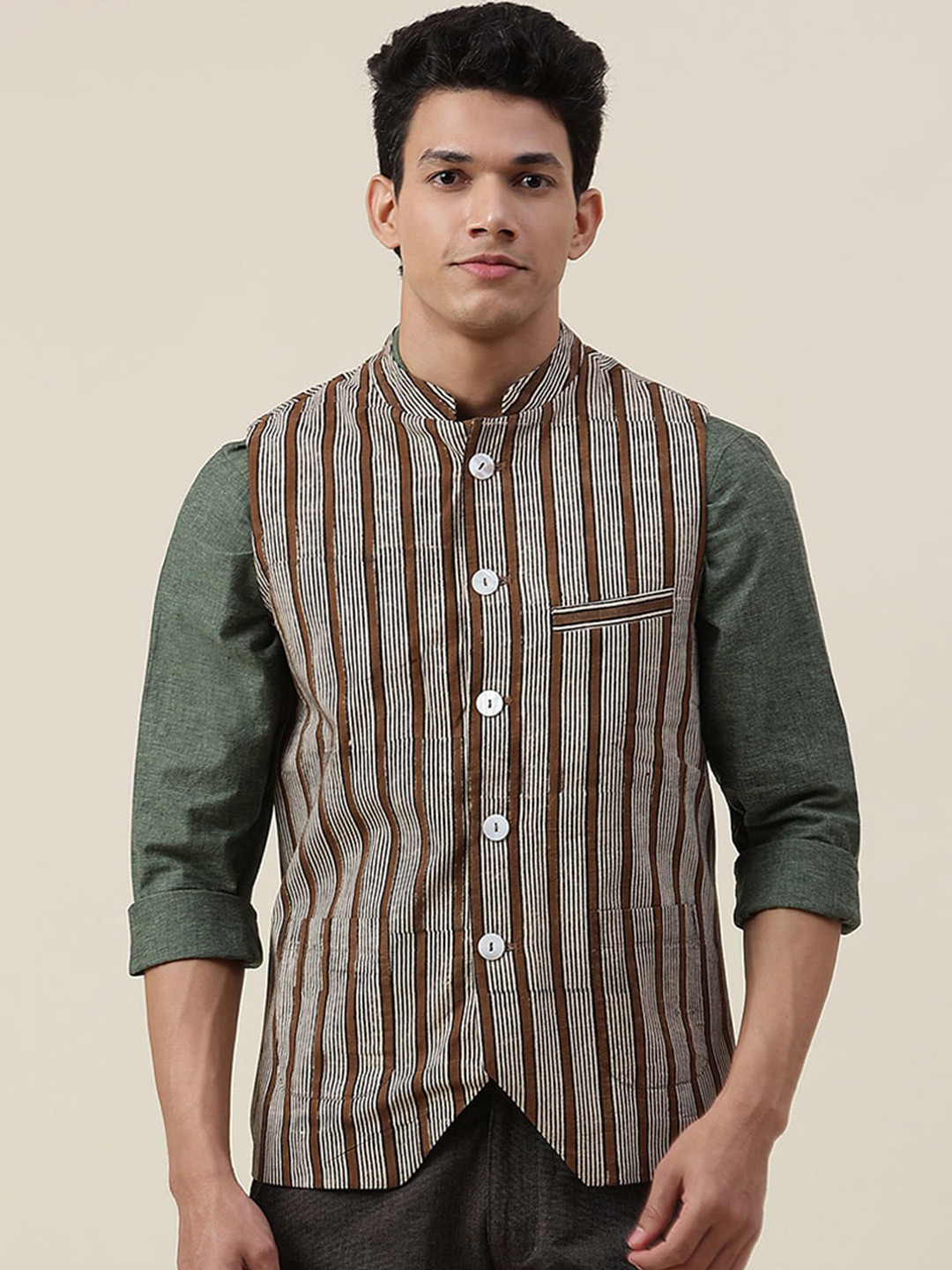 Fabindia Men Brown Striped Cotton Nehru Jackets