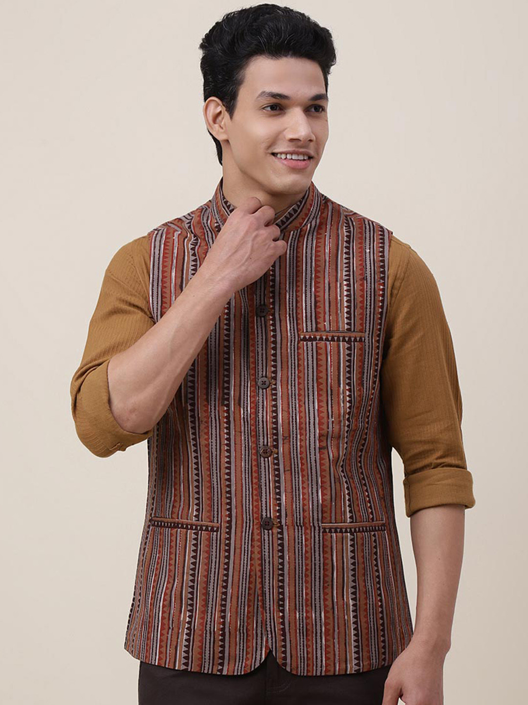 Fabindia Men Brown Woven-Design Cotton Nehru Jacket