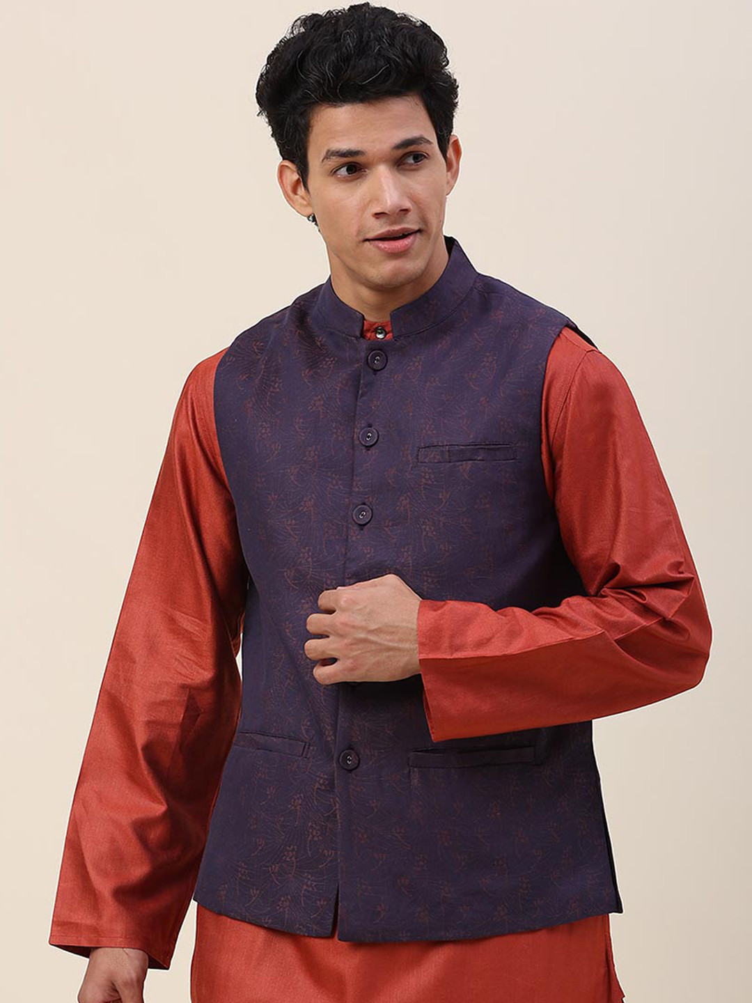 Fabindia Men Purple Woven-Design Linen Nehru Jacket