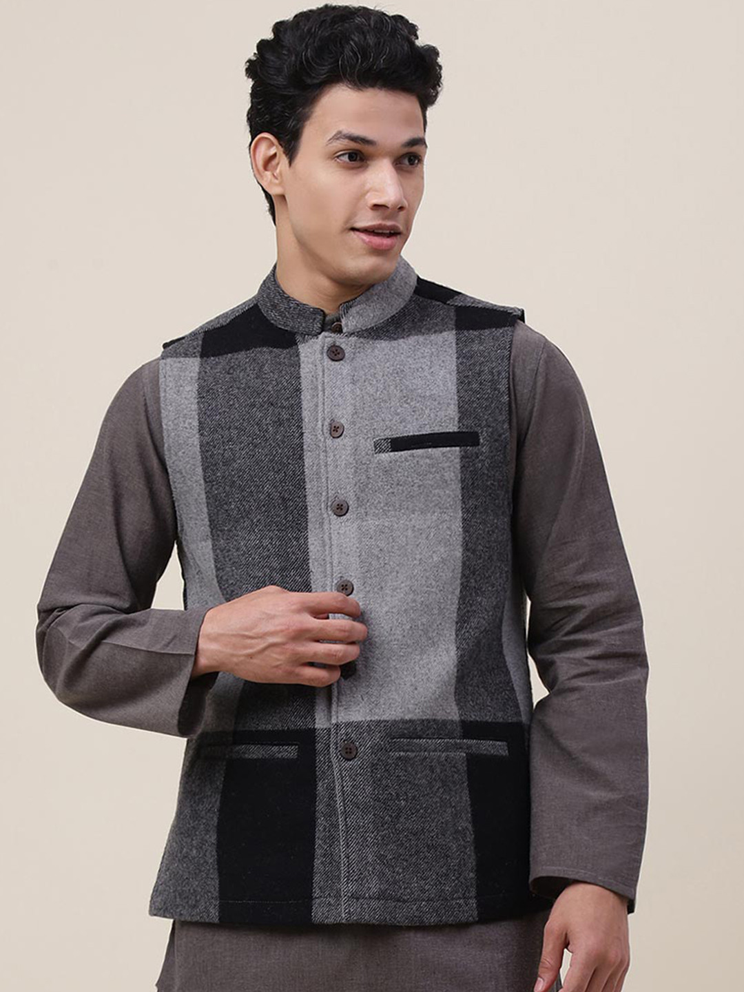 Fabindia Men Black Checked Pure Wool Nehru Jackets