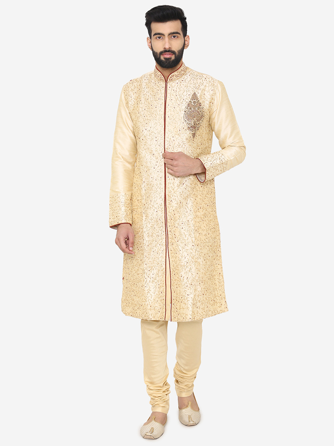Manu Men Gold-Toned Embroidered Beads and Stones Kurta with Churidar