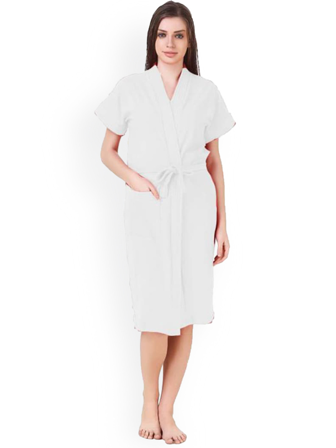 POORAK White Solid Cotton Drawstring Midi Bath Robe