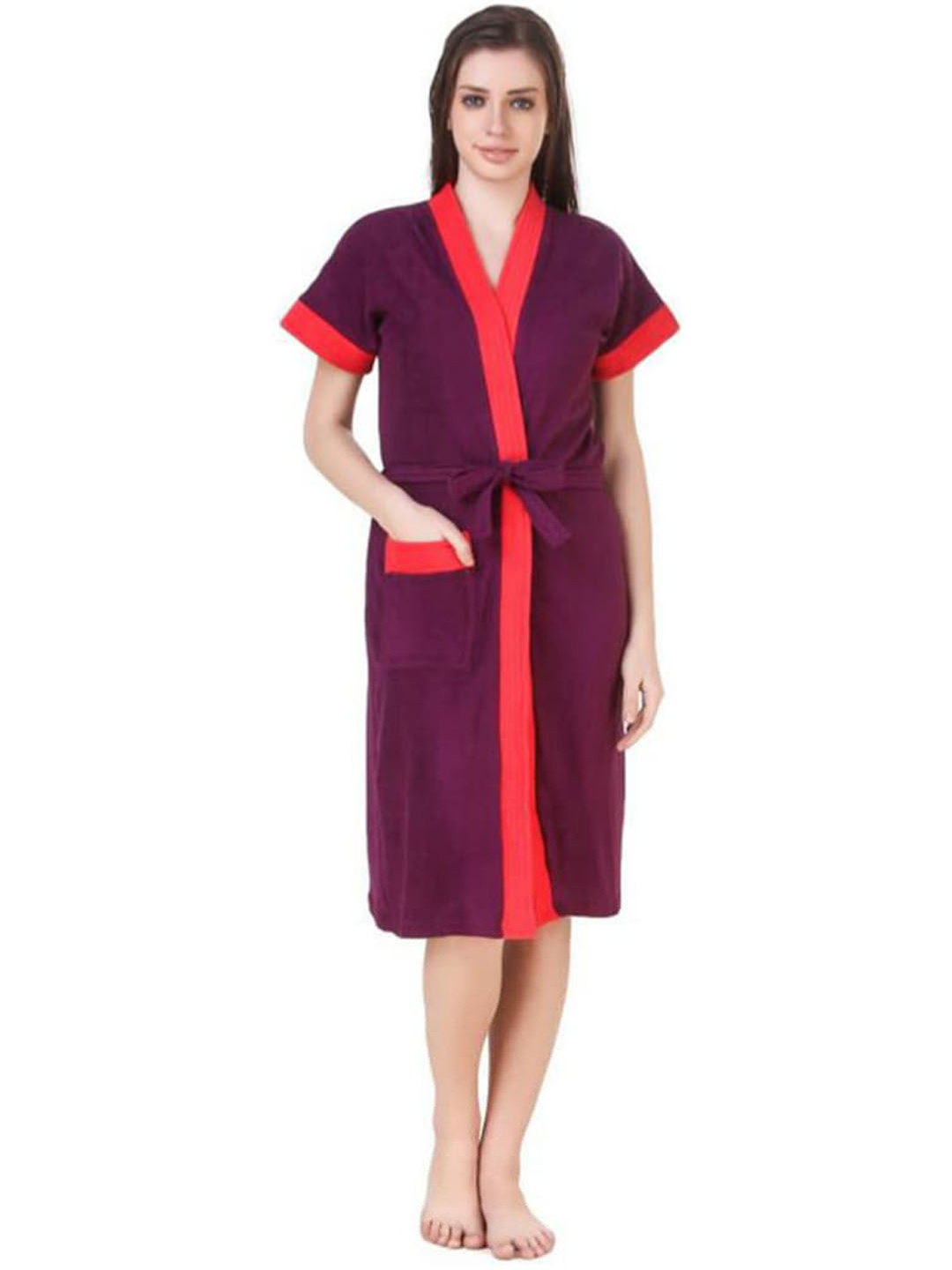 POORAK Purple Solid Cotton Drawstring Midi Bath Robe