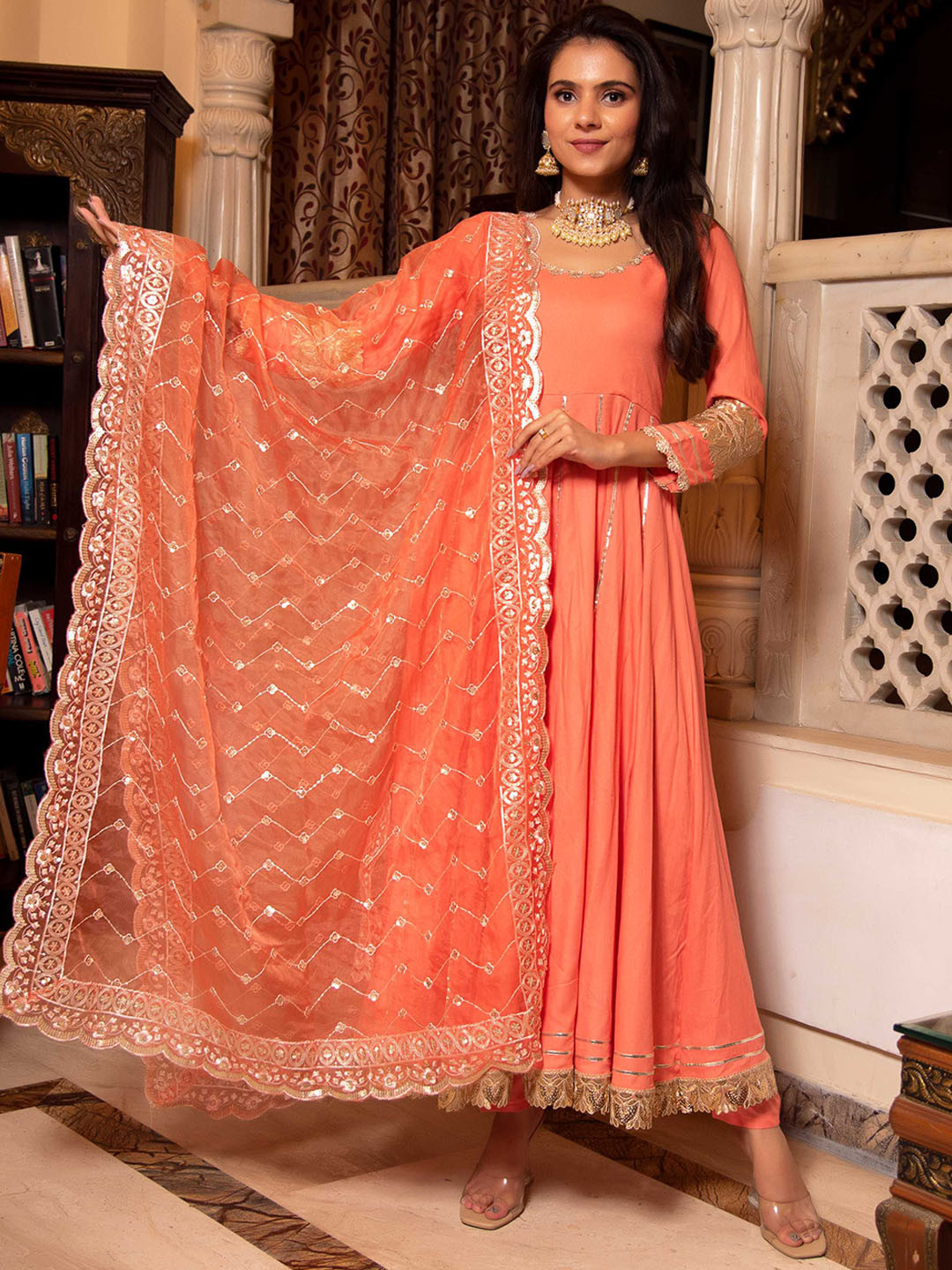 Calmna Women Peach & Gold Embroidered Anarkali Kurta with Trousers & With Dupatta