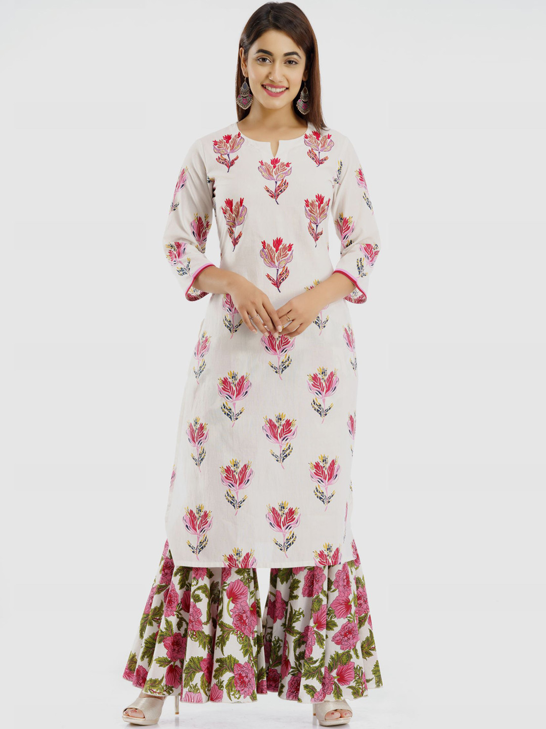 PARCHHAI Women White Floral Printed Pure Cotton Kurta with Sharara