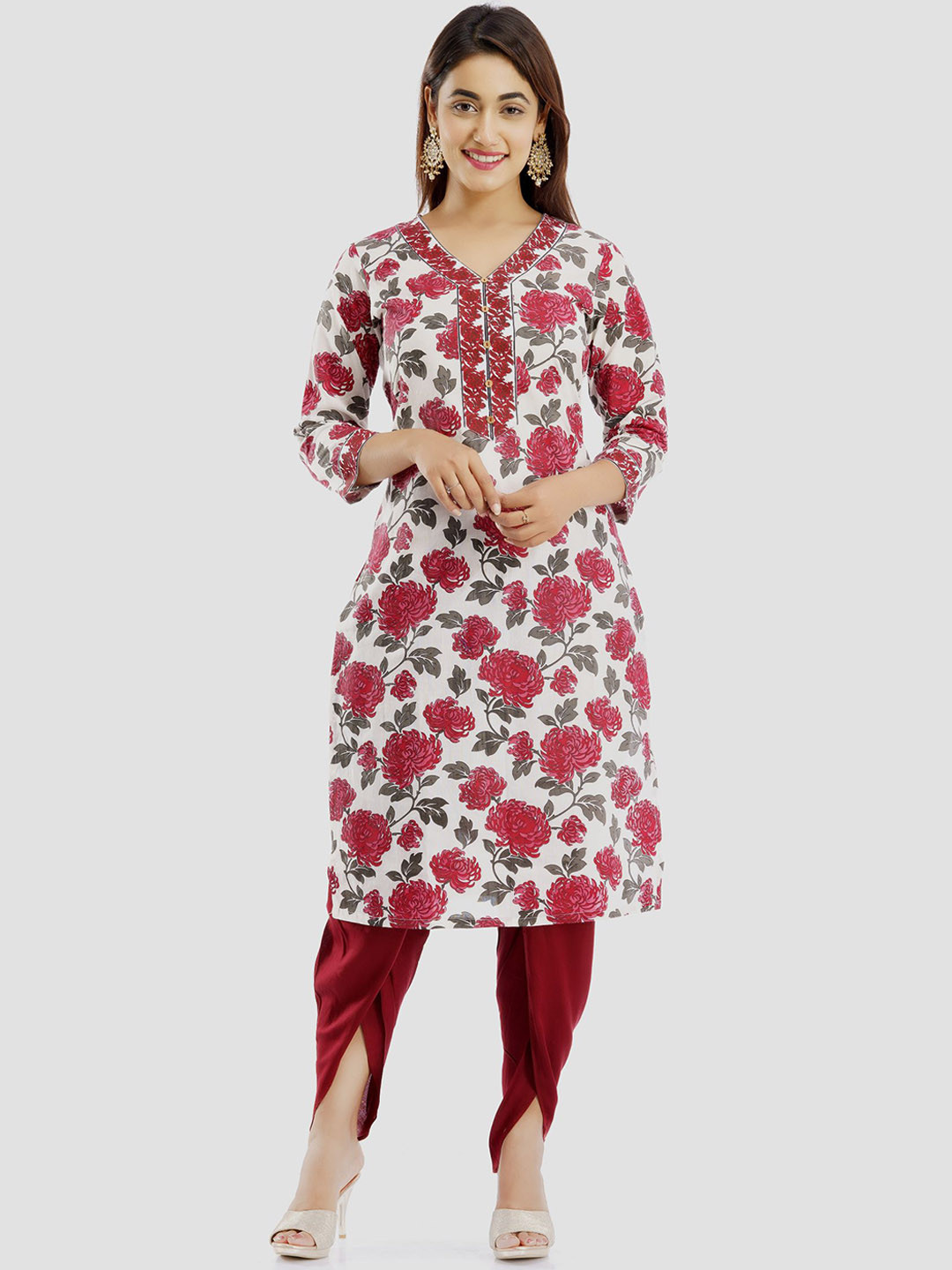 PARCHHAI Women Red Floral Printed Pure Cotton Kurta with Dhoti Pants