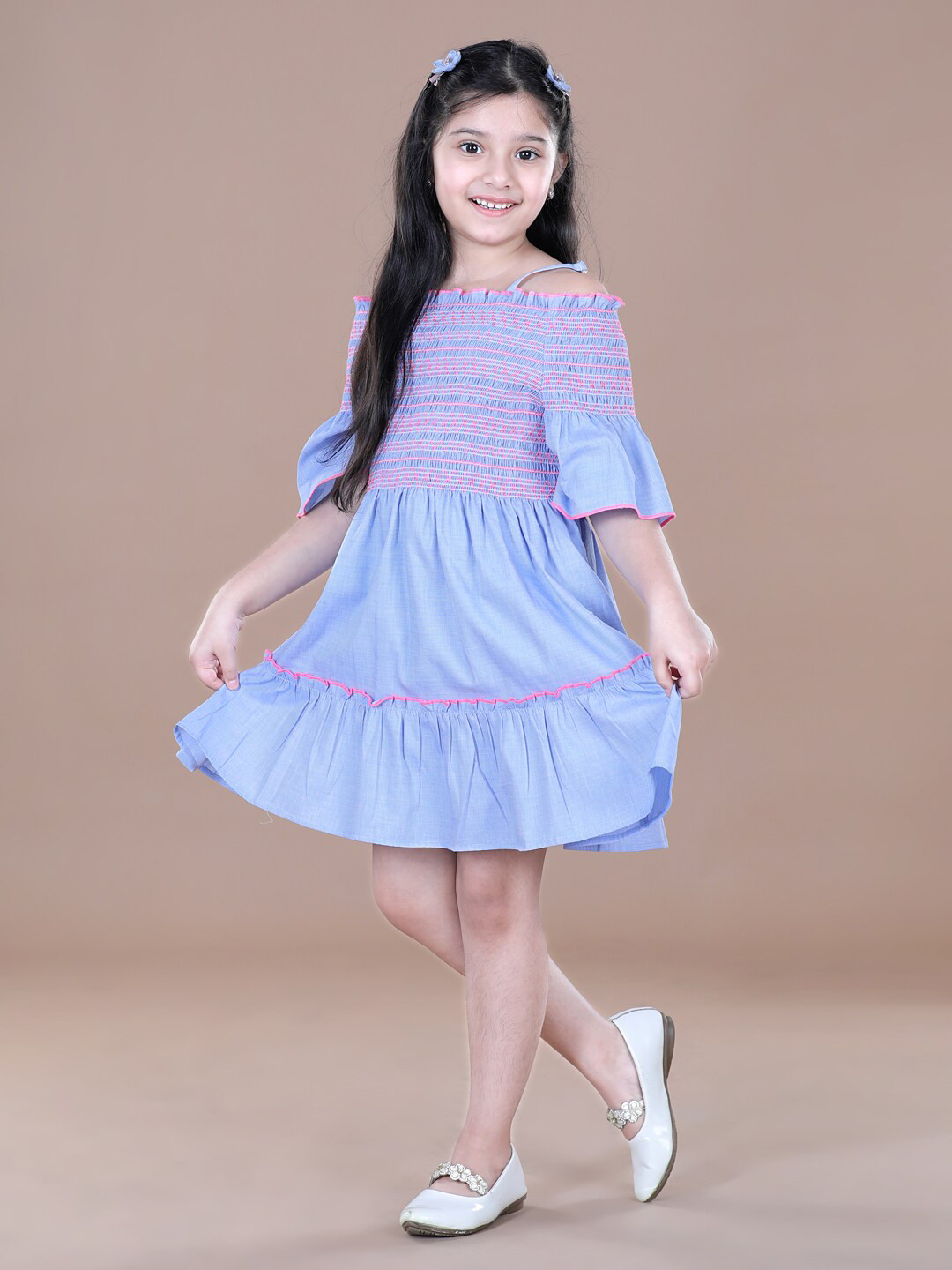 StyleStone Blue & Pink Smocked Off Shoulder Embroidered Cotton Dress