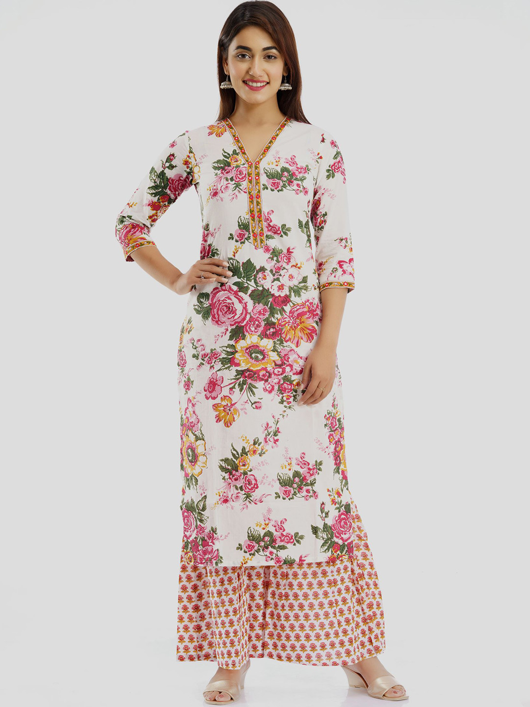 PARCHHAI Women White Floral Printed Pure Cotton Kurta with Palazzos