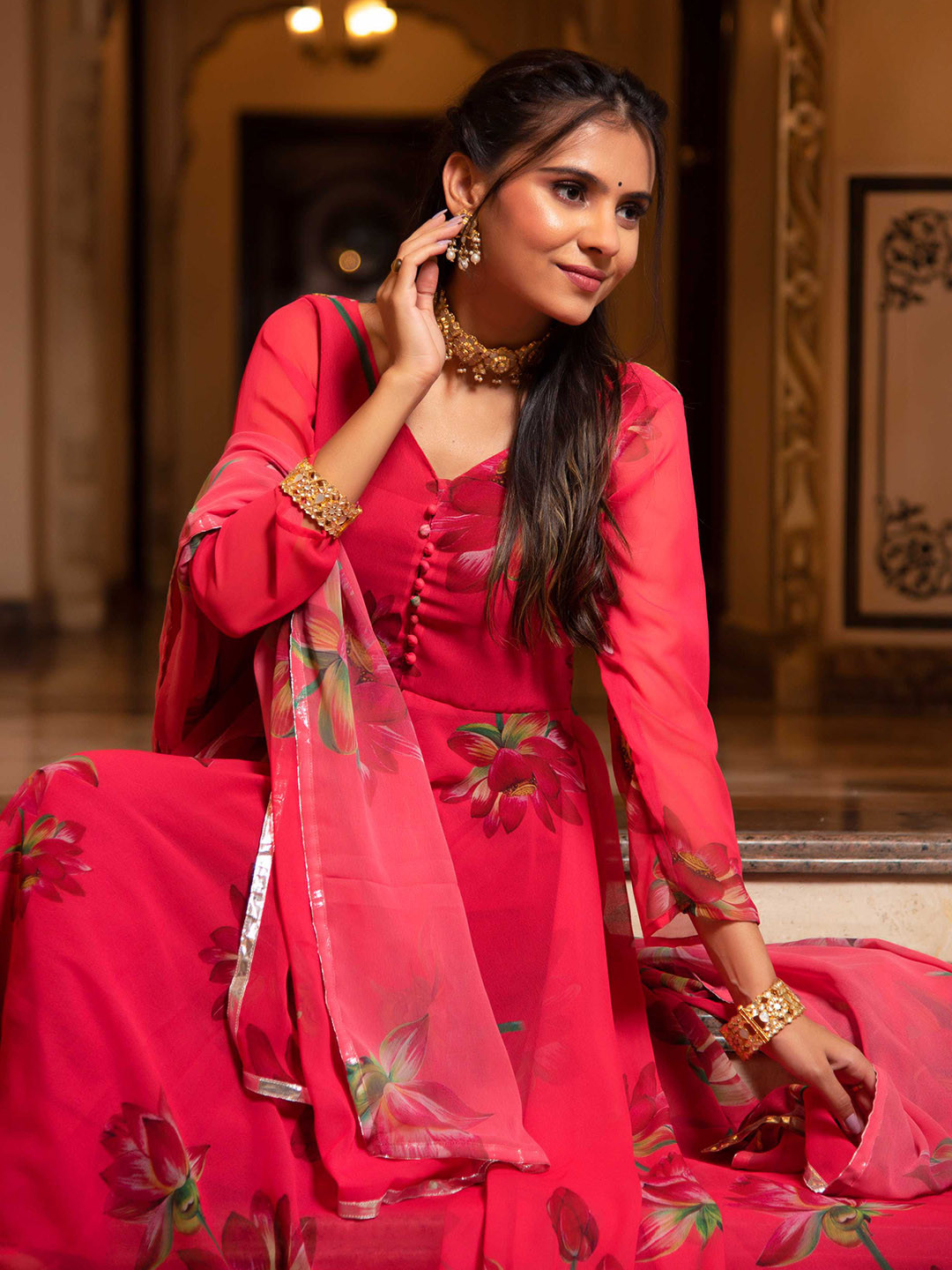 Calmna Women Pink & Green Floral Printed Anarkali Kurta with Trousers & With Dupatta