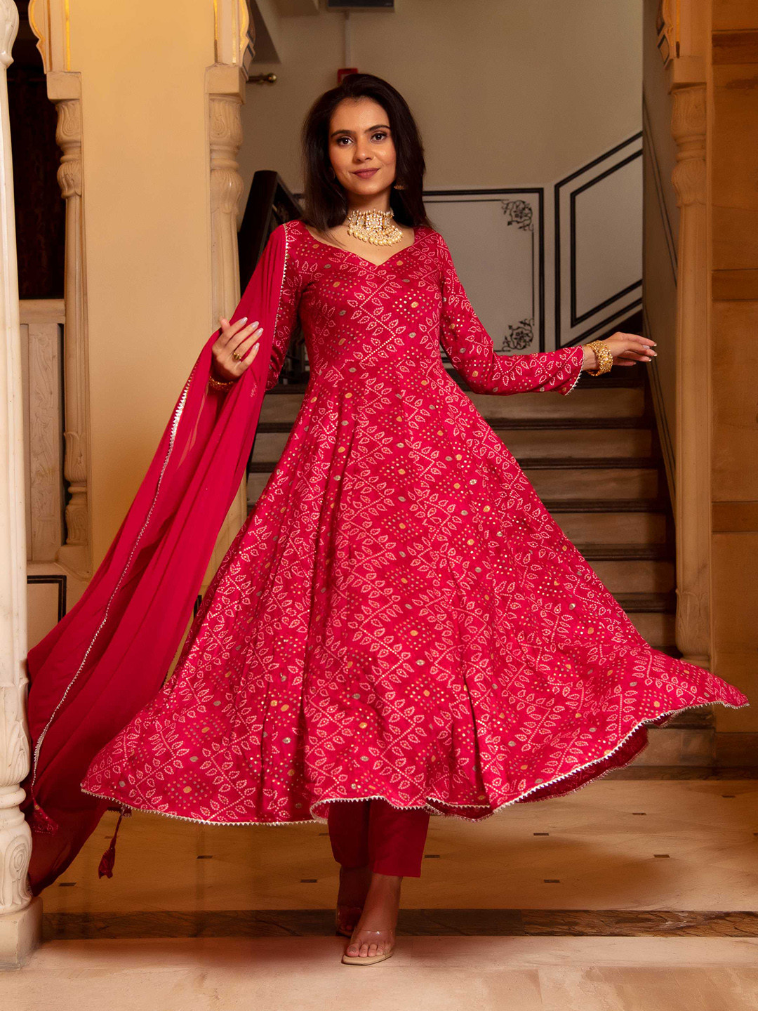 Calmna Women Pink Bandhani Printed Anarkali Kurta with Trousers & With Dupatta