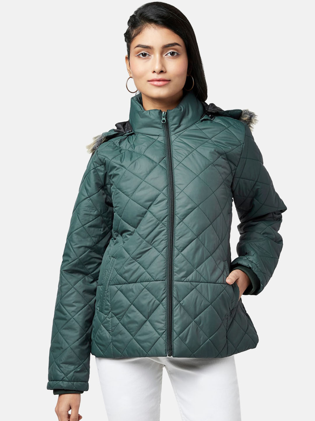 People Women Olive Green Solid Hooded Quilted Jacket