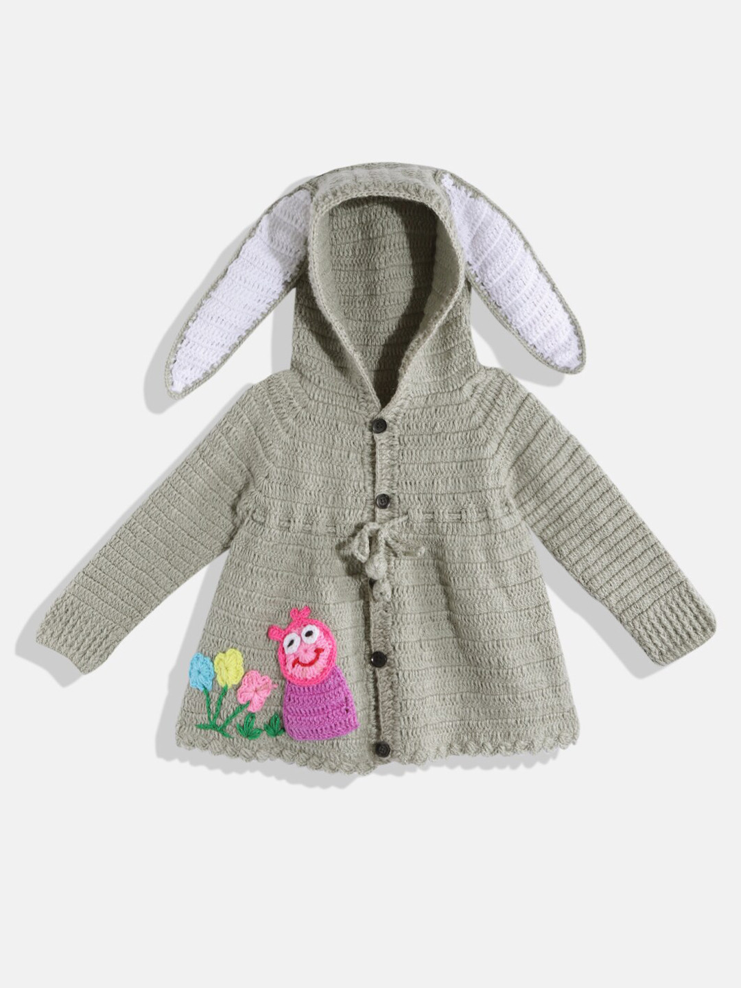 CHUTPUT Kids Olive Green & Pink Embroidered Wool Cardigan