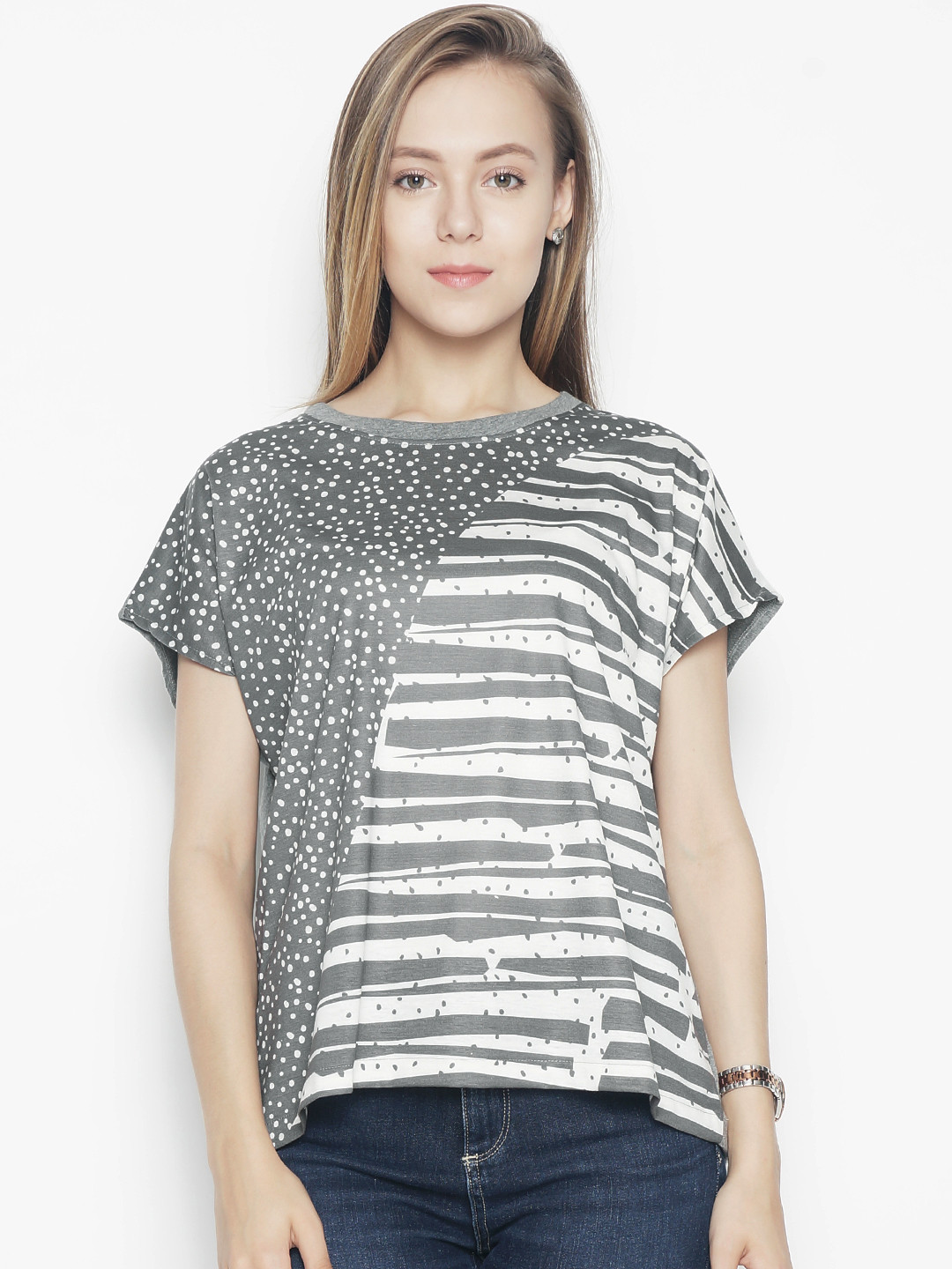 Voi Jeans Women Grey Printed Round Neck 