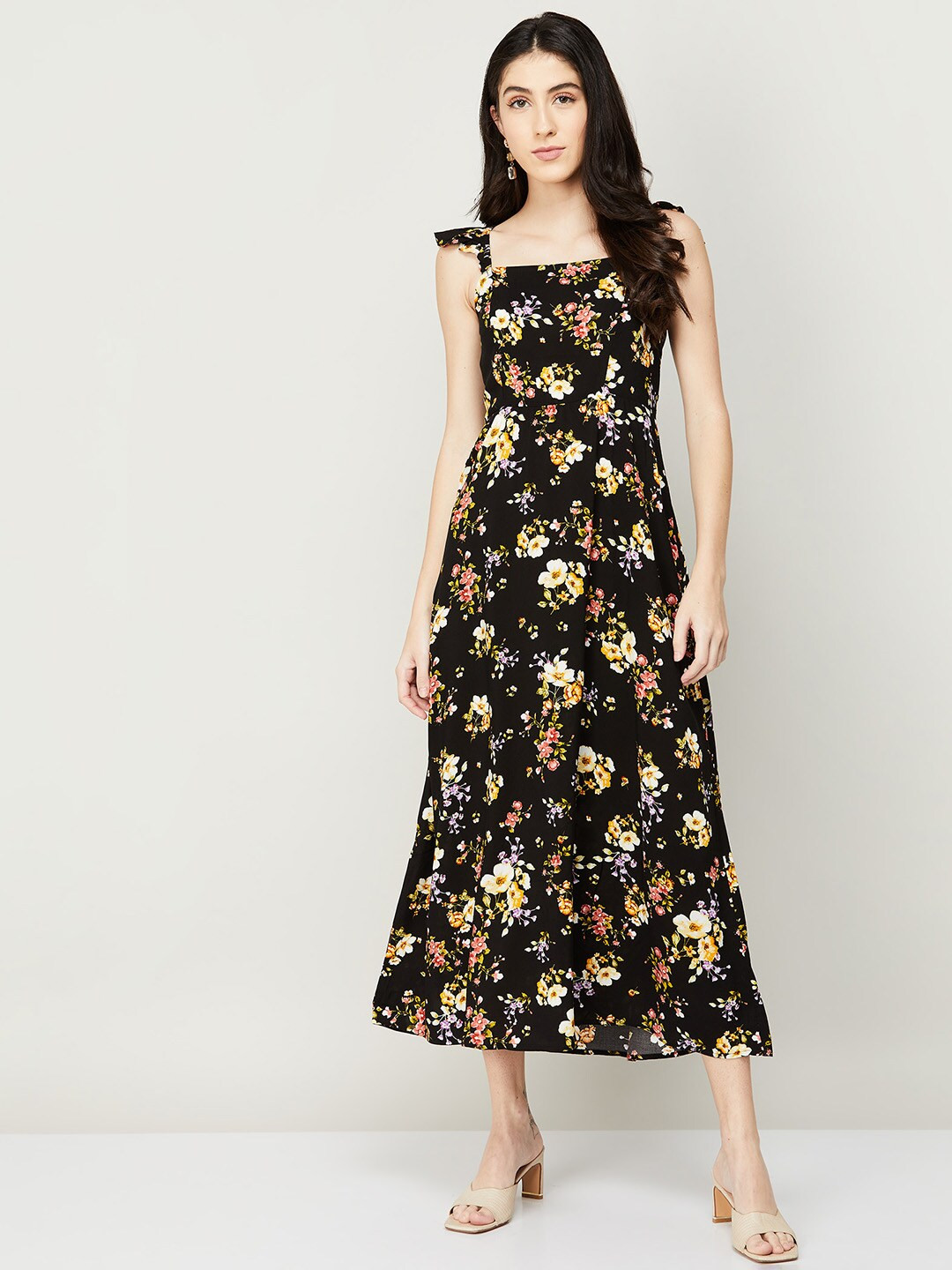 Ginger by Lifestyle Black & Yellow Floral A-Line Midi Dress