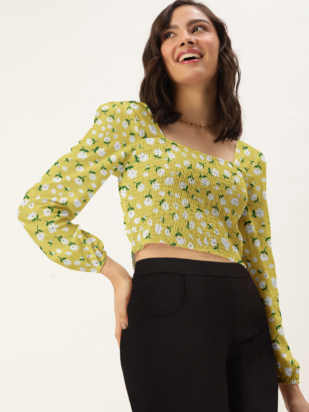 DressBerry Yellow Floral Printed Smocked Crop Top
