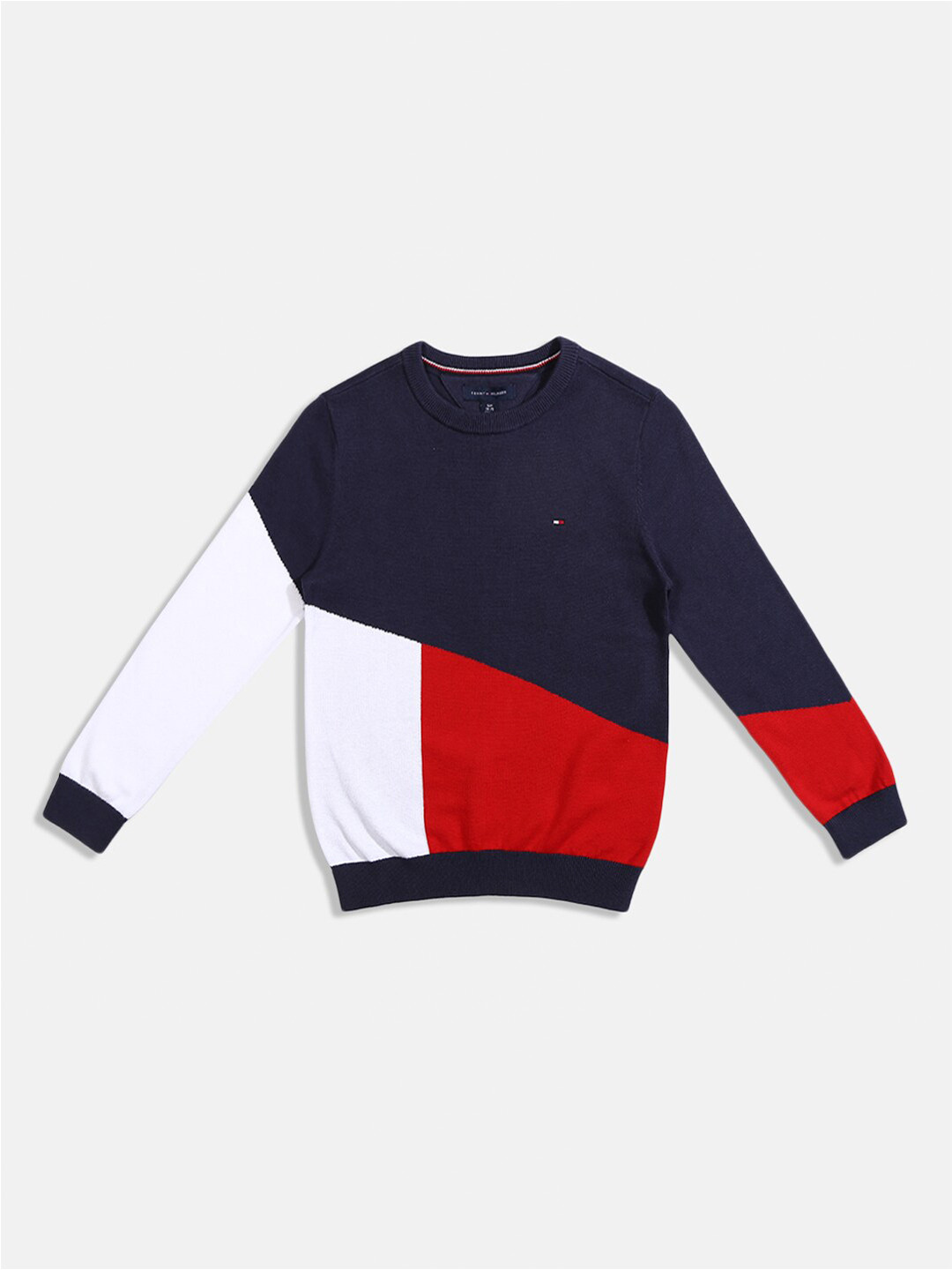 Tommy Hilfiger Boys Blue & Red Colourblocked Round Neck Pure Cotton T-shirt