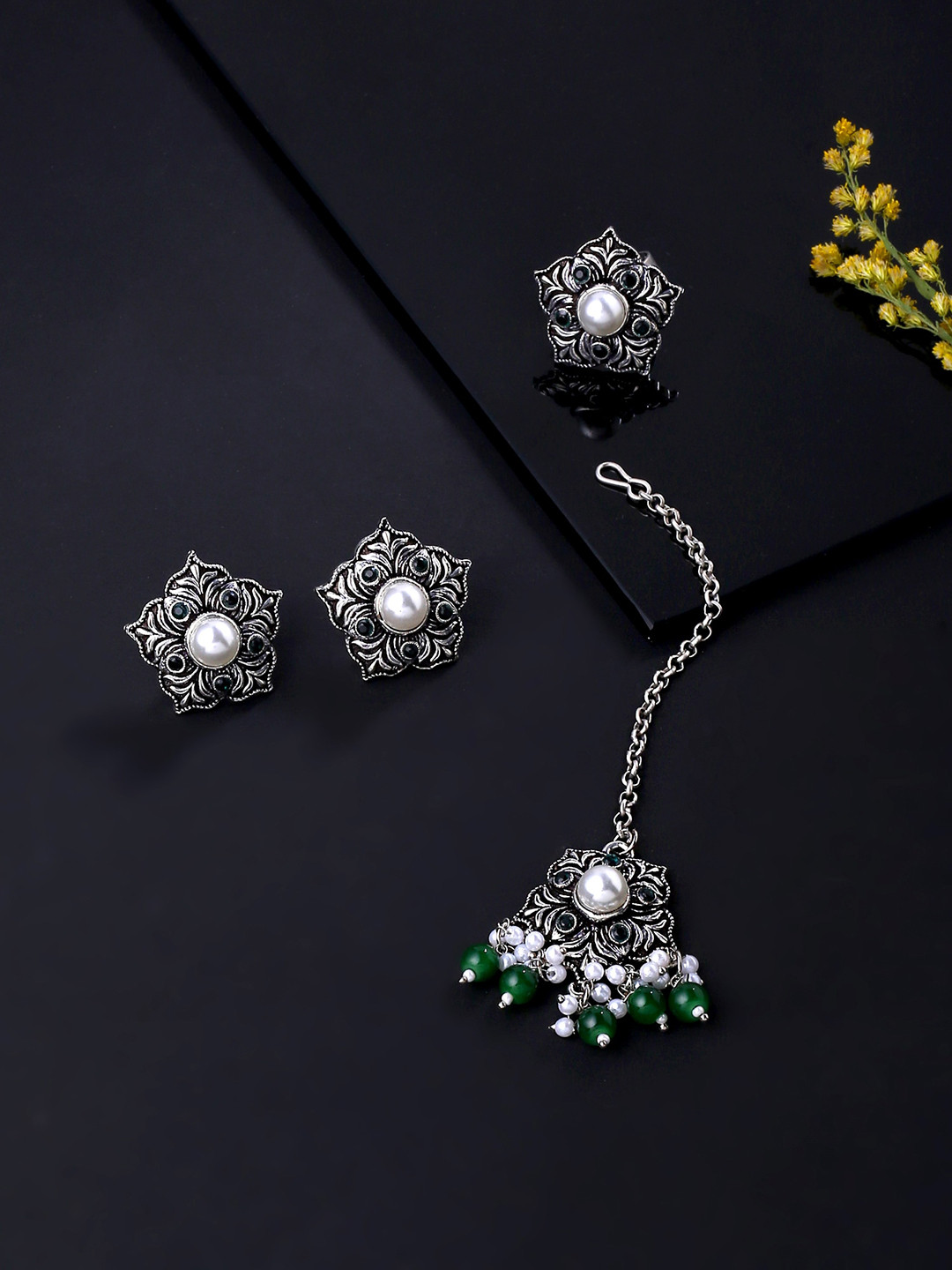 Yellow Chimes Women Silver Oxidised Set of Ring Earring & Maangtikka Set