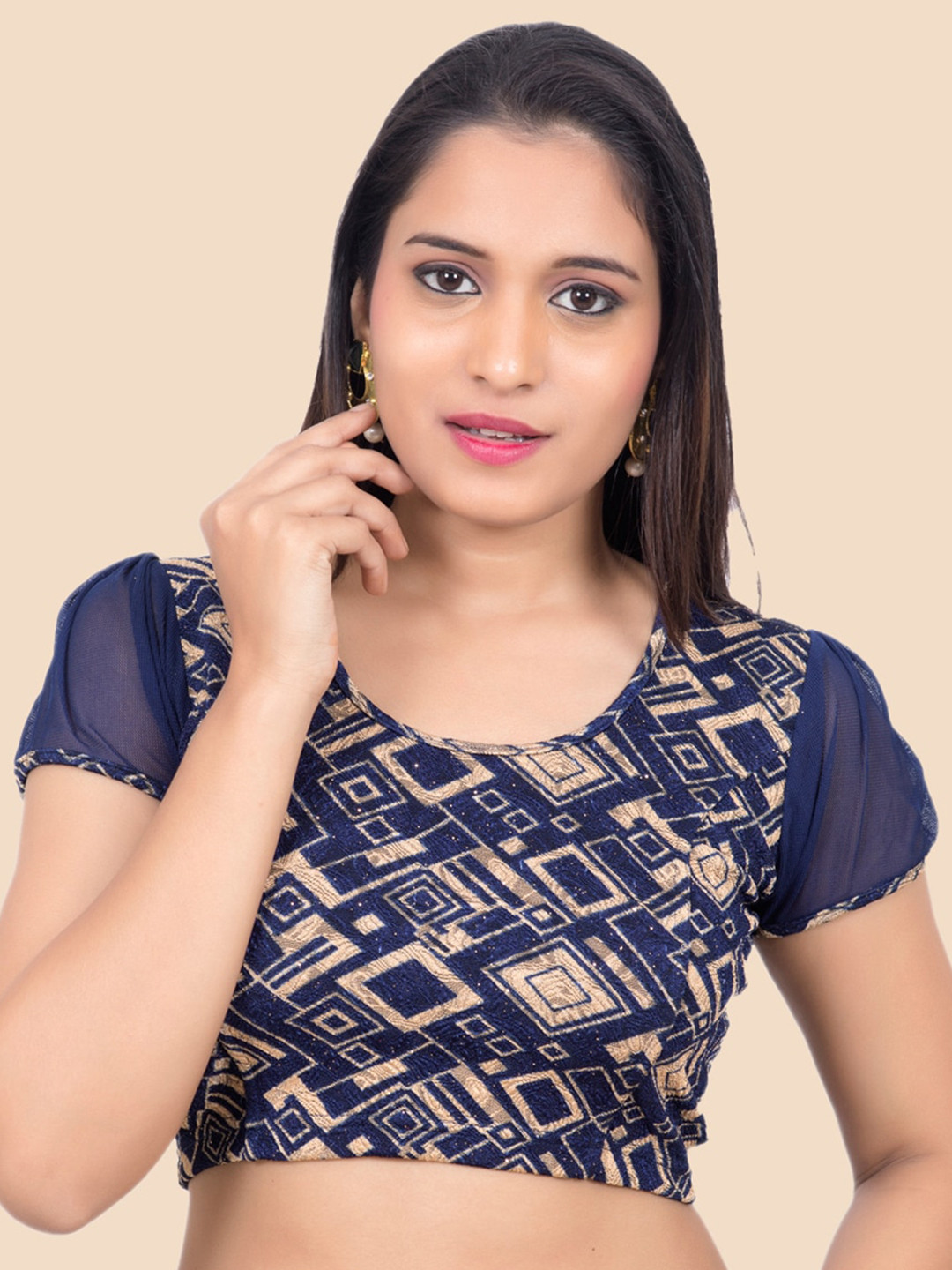 neckbook Women Navy Blue Printed Stretchable Saree Blouse