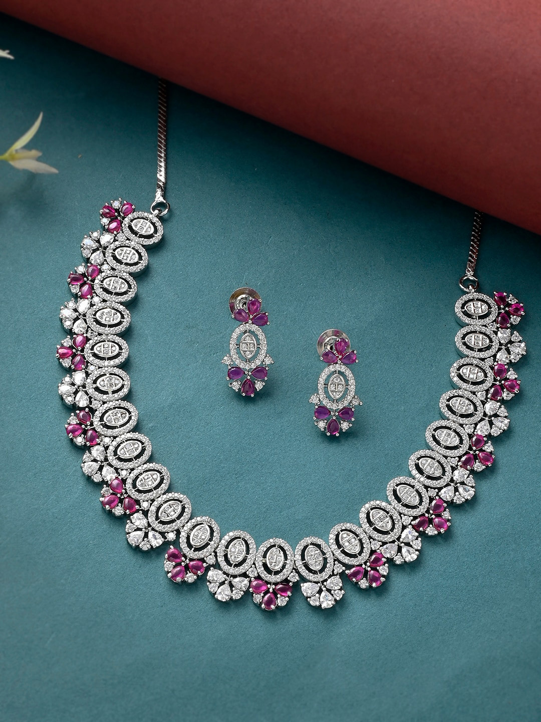 Voylla Women Silver Toned & Purple Floral Motifs Rhodium Plated Brass Jewellery Set
