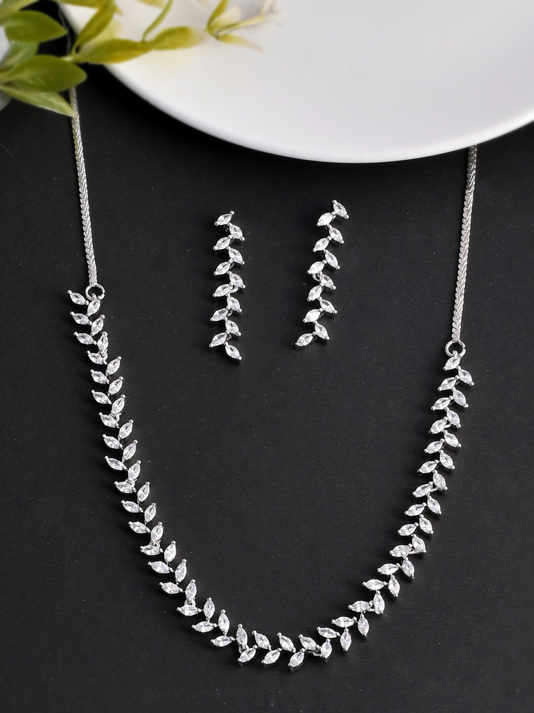 Marquise Cut CZ Adorned Brass Silver Plated Jewellery Set