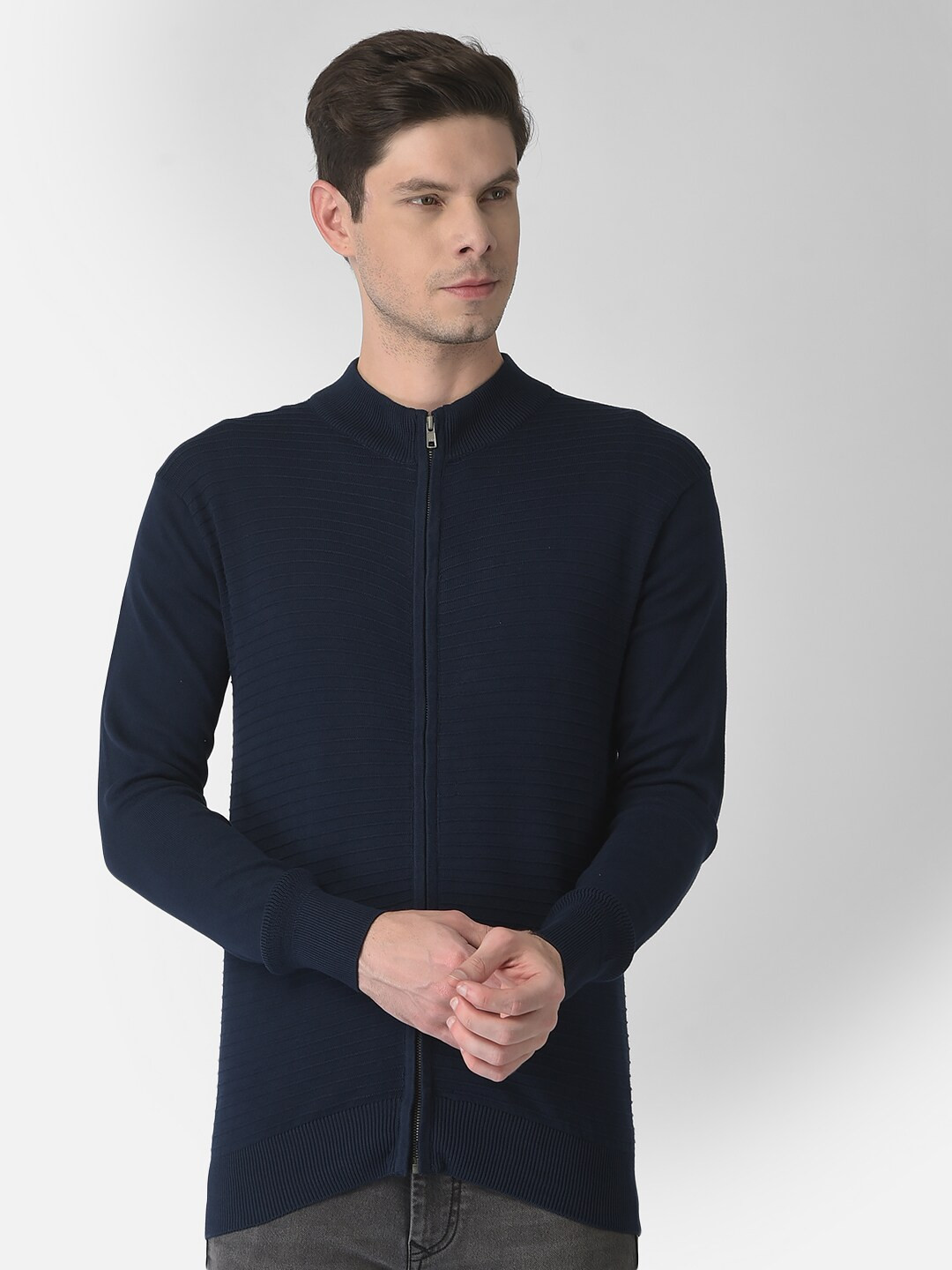 Turtle Men Navy Blue Striped Striped Cardigan