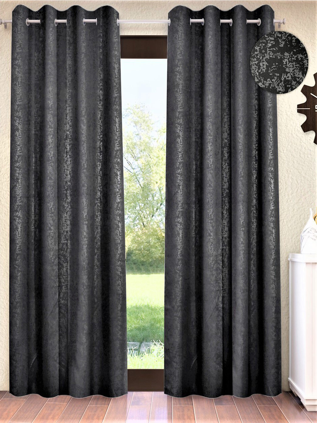 Home Sizzler Charcoal & Black Set of 2 Black Out Window Curtains