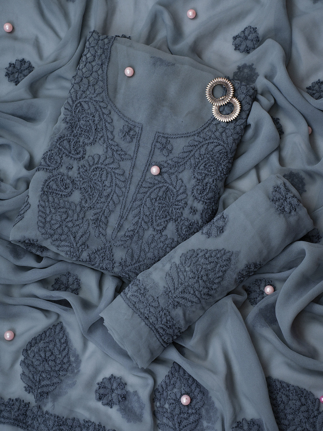 ADA Grey Embroidered Georgette Unstitched Dress Material